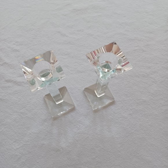 Set of 2 Crystal Glass Modern Square Candlesticks - Picture 5 of 10